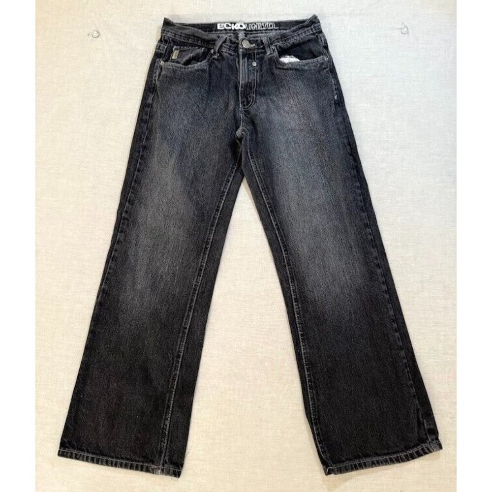 Vintage‎ Ecko Unltd Jeans Womens 14 Black Denim Straight Flap Pocketed 28X27.